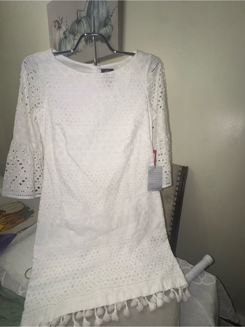Vince Camuto White Eyelet Mini Dress with Tassel Hem